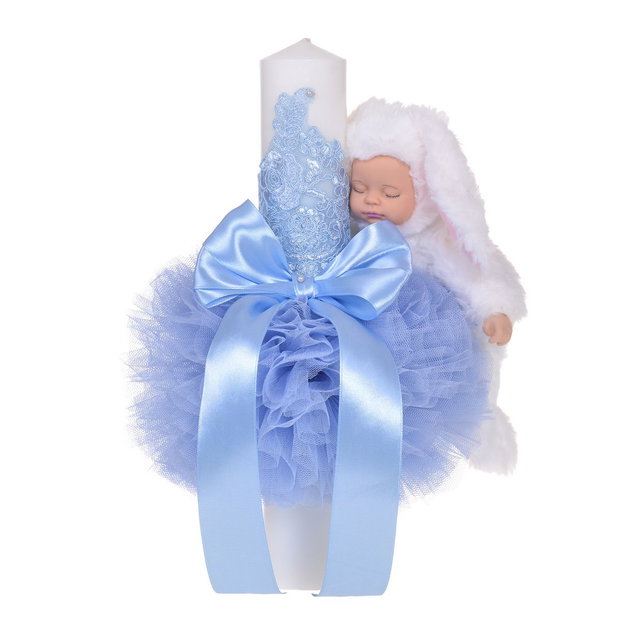 Lumanare botez cu iepuras pufos si trusou botez in landou, decor dantela Bleu