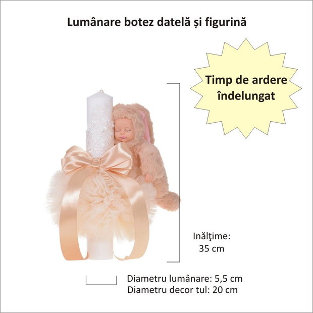 Lumanare botez cu iepuras pufos si trusou botez in landou, decor dantela Ivoire