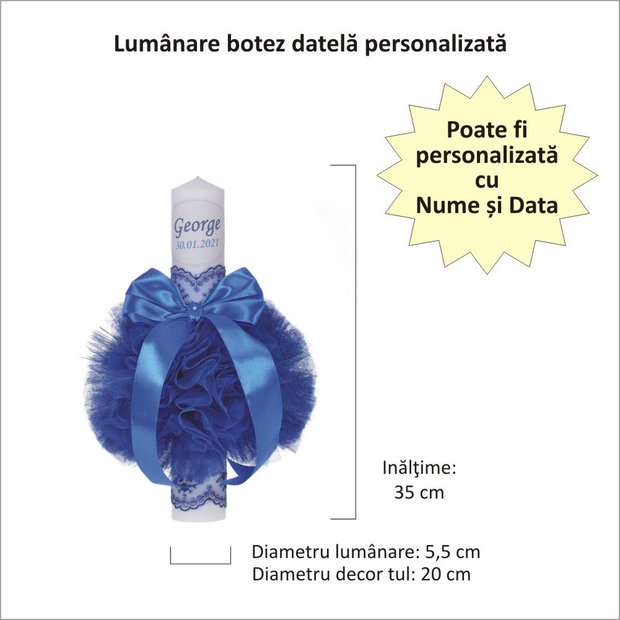 Lumanare botez personalizata si trusou botez in landou, decor dantela Albastra
