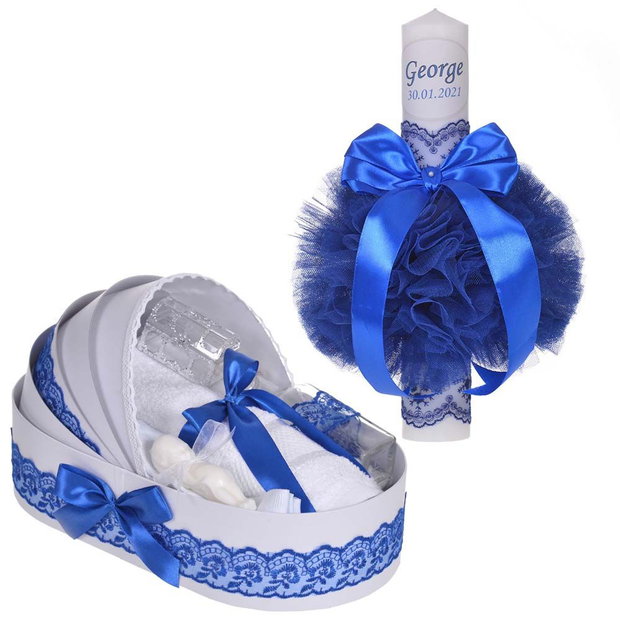 Lumanare botez personalizata si trusou botez in landou, decor dantela Albastra