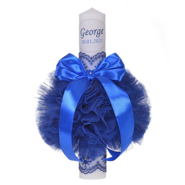 Lumanare botez personalizata si trusou botez in landou, decor dantela Albastra
