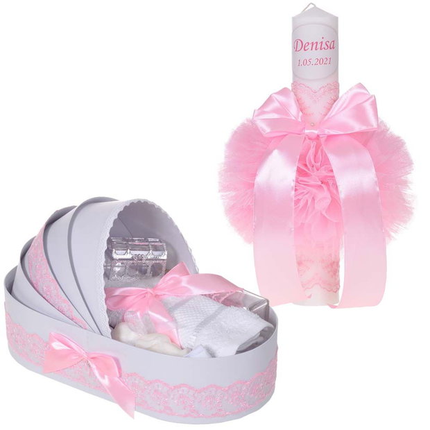 Lumanare botez personalizata si trusou botez in landou, decor dantela Roz
