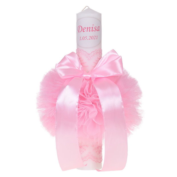 Lumanare botez personalizata si trusou botez in landou, decor dantela Roz