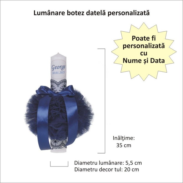 Lumanare botez personalizata si trusou botez in landou, decor dantela Bleumarine
