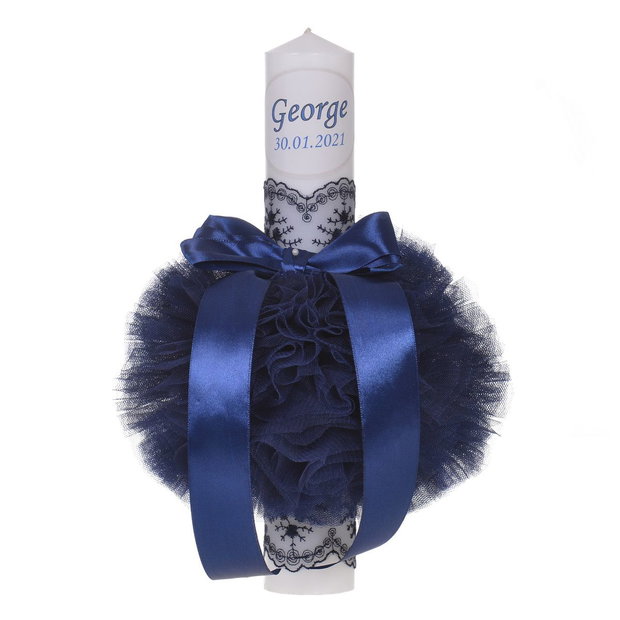 Lumanare botez personalizata si trusou botez in landou, decor dantela Bleumarine