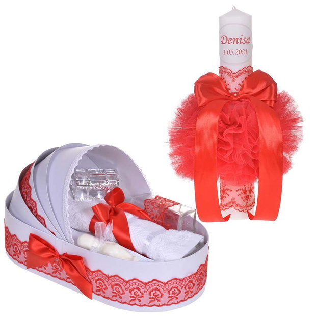 Lumanare botez personalizata si trusou botez in landou, decor dantela Rosie