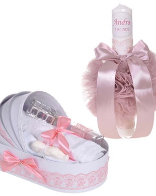 Lumanare botez personalizata si trusou botez in landou, decor dantela Dusty roz