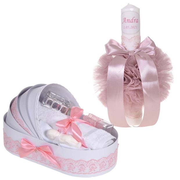 Lumanare botez personalizata si trusou botez in landou, decor dantela Dusty roz