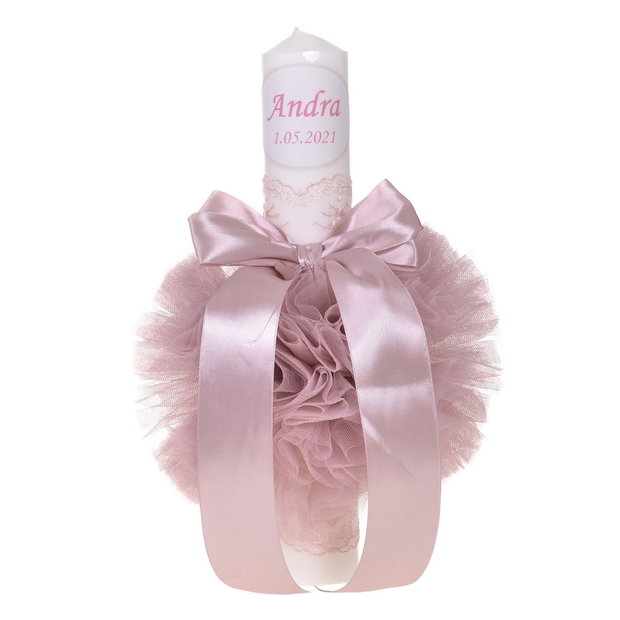 Lumanare botez personalizata si trusou botez in landou, decor dantela Dusty roz