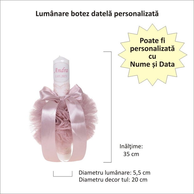 Lumanare botez personalizata si trusou botez in landou, decor dantela Dusty roz