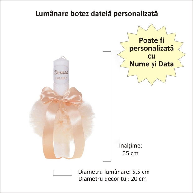 Lumanare botez personalizata si trusou botez in landou, decor dantela Ivoire