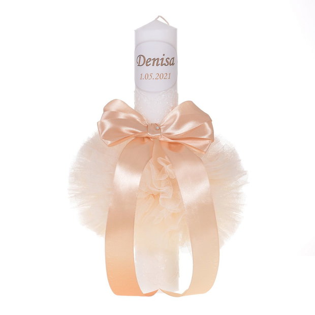 Lumanare botez personalizata si trusou botez in landou, decor dantela Ivoire