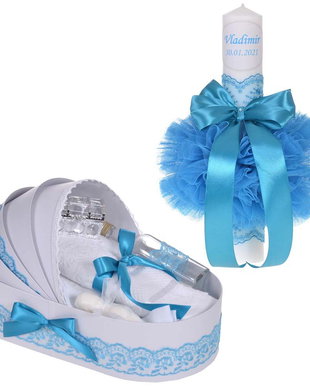Lumanare botez personalizata si trusou botez in landou, decor dantela Turcoaz
