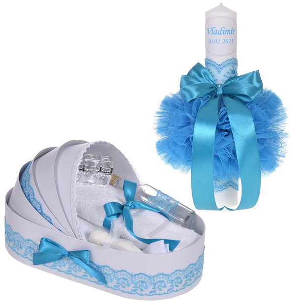 Lumanare botez personalizata si trusou botez in landou, decor dantela Turcoaz