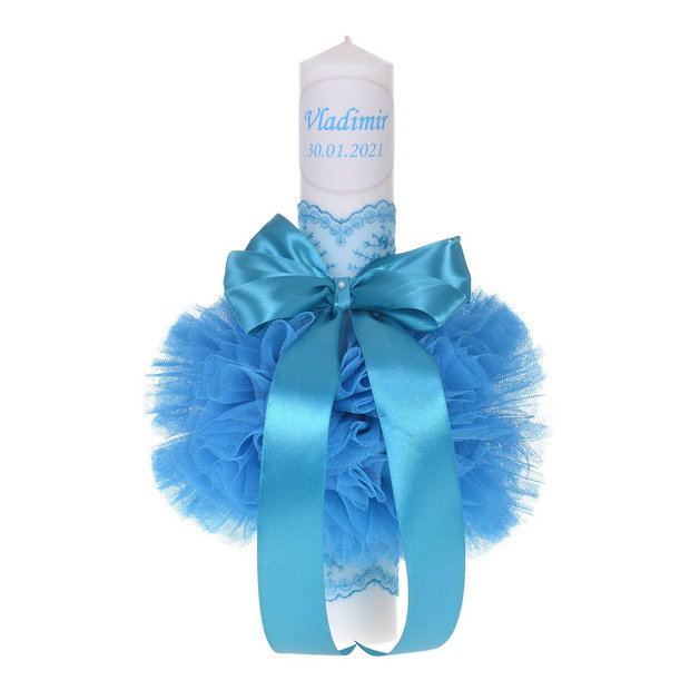 Lumanare botez personalizata si trusou botez in landou, decor dantela Turcoaz