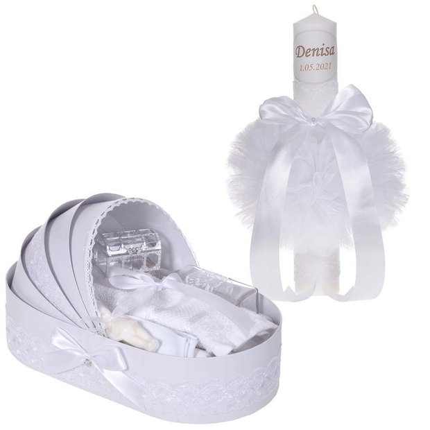 Lumanare botez personalizata si trusou botez in landou, decor dantela Alb