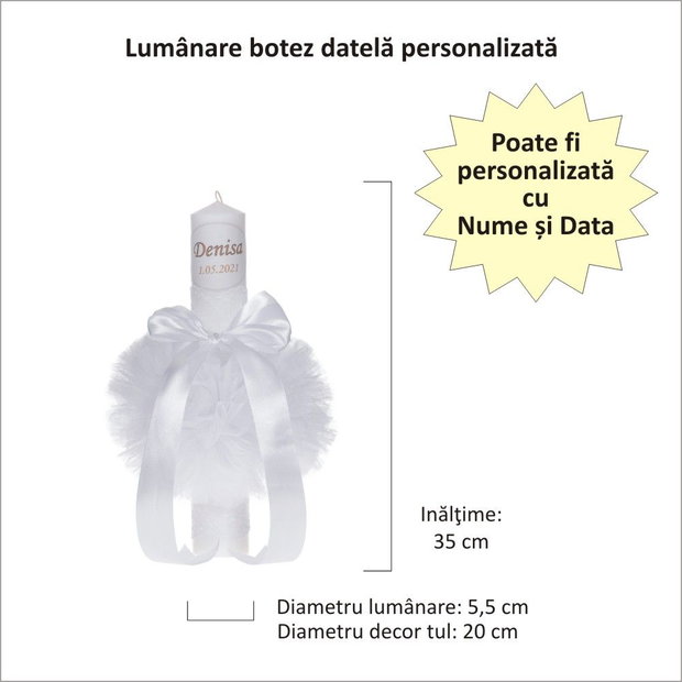 Lumanare botez personalizata si trusou botez in landou, decor dantela Alb