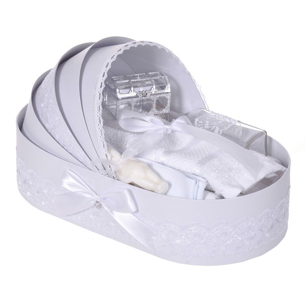 Lumanare botez personalizata si trusou botez in landou, decor dantela Alb
