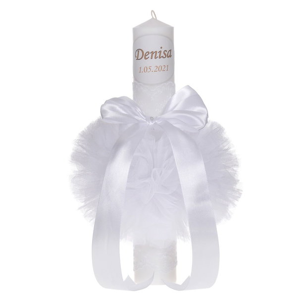 Lumanare botez personalizata si trusou botez in landou, decor dantela Alb