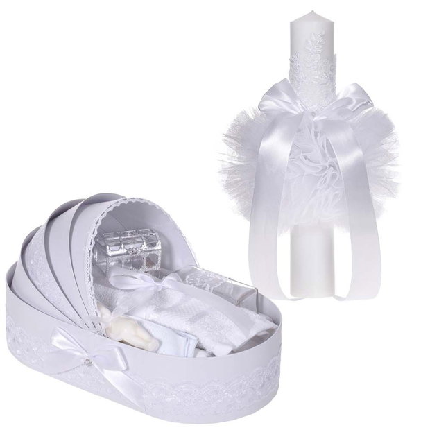 Set elegant lumanare botez si trusou botez in landou, decor dantela Alba