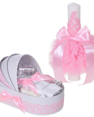 Set elegant lumanare botez si trusou botez in landou, decor dantela Roz