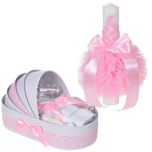 Set elegant lumanare botez si trusou botez in landou, decor dantela Roz