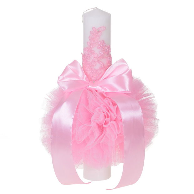 Set elegant lumanare botez si trusou botez in landou, decor dantela Roz