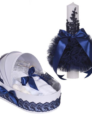 Set elegant lumanare botez si trusou botez in landou, decor dantela Bleumarine