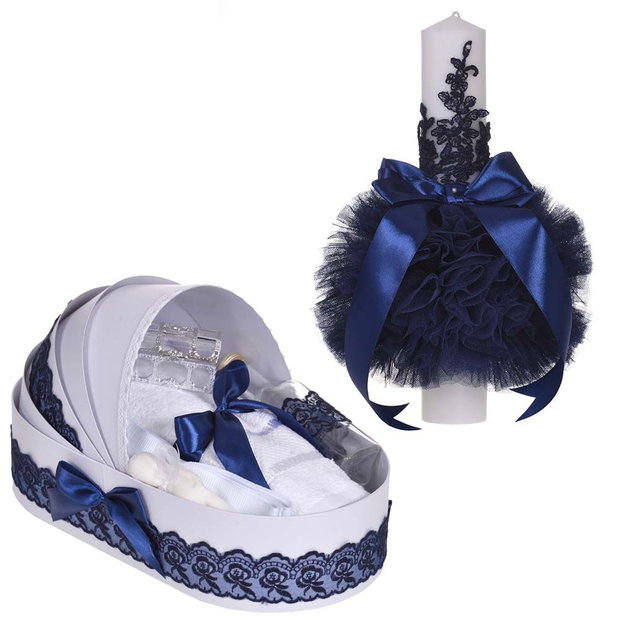 Set elegant lumanare botez si trusou botez in landou, decor dantela Bleumarine