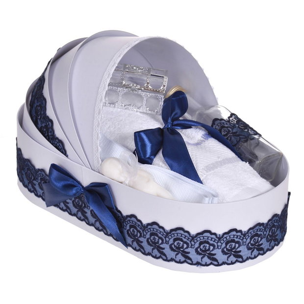 Set elegant lumanare botez si trusou botez in landou, decor dantela Bleumarine
