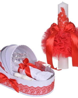 Set elegant lumanare botez si trusou botez in landou, decor dantela Rosu