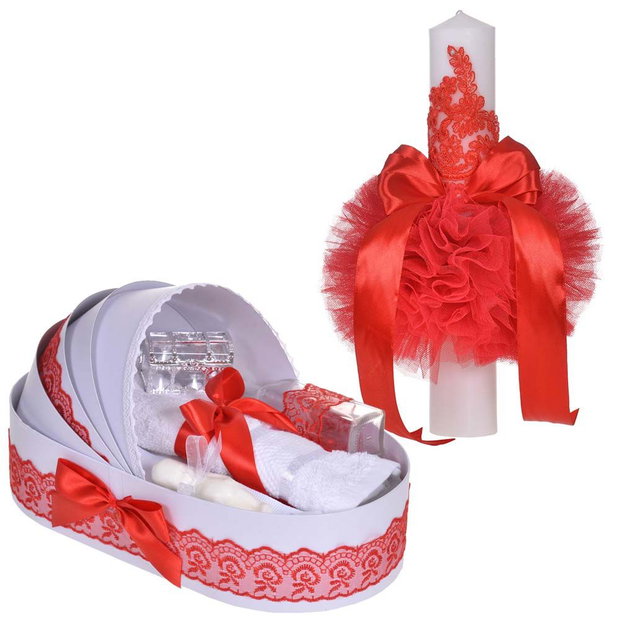 Set elegant lumanare botez si trusou botez in landou, decor dantela Rosu