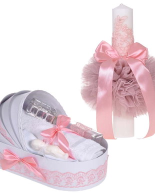 Set elegant lumanare botez si trusou botez in landou, decor dantela Dusty roz