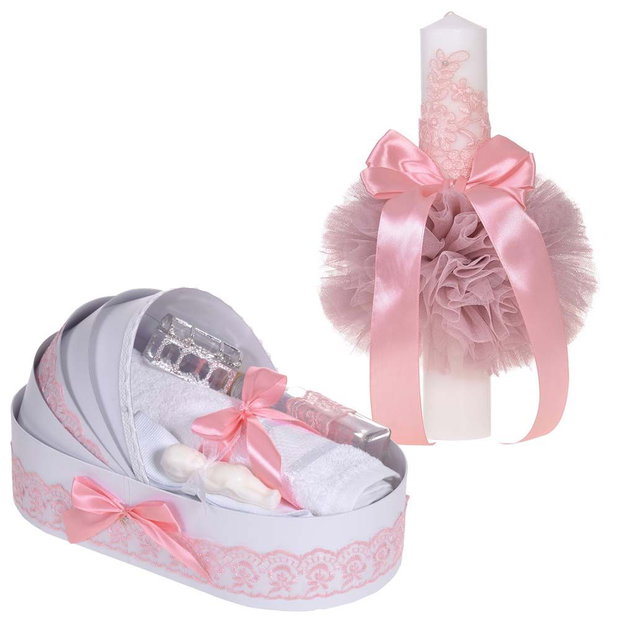 Set elegant lumanare botez si trusou botez in landou, decor dantela Dusty roz