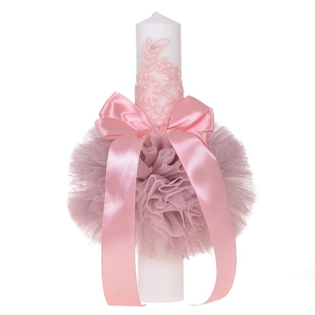 Set elegant lumanare botez si trusou botez in landou, decor dantela Dusty roz