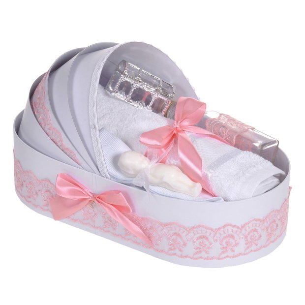 Set elegant lumanare botez si trusou botez in landou, decor dantela Dusty roz