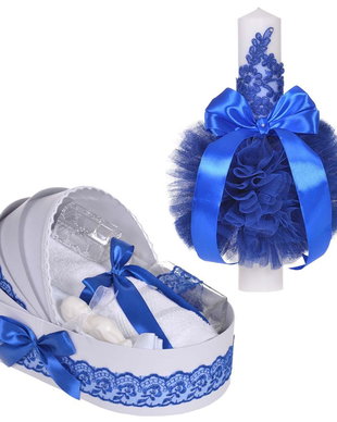Set elegant lumanare botez si trusou botez in landou, decor dantela Albastra