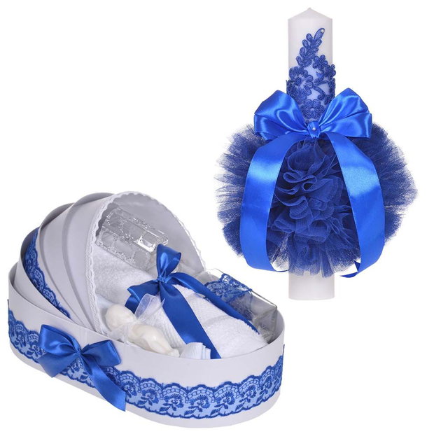 Set elegant lumanare botez si trusou botez in landou, decor dantela Albastra