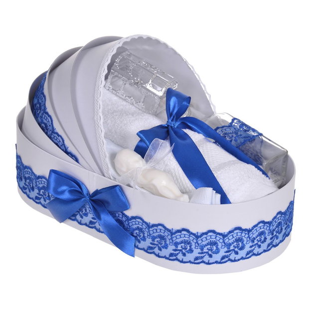 Set elegant lumanare botez si trusou botez in landou, decor dantela Albastra