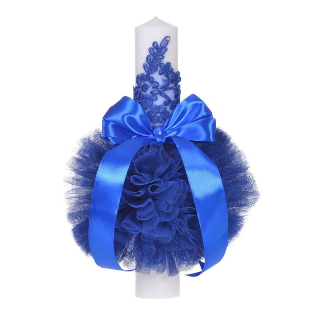 Set elegant lumanare botez si trusou botez in landou, decor dantela Albastra