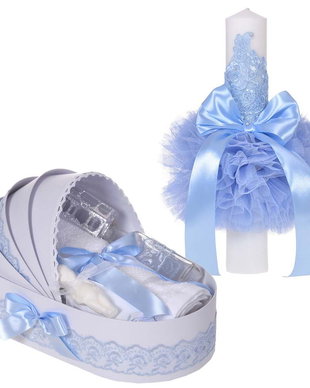 Set elegant lumanare botez si trusou botez in landou, decor dantela Bleu