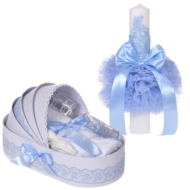 Set elegant lumanare botez si trusou botez in landou, decor dantela Bleu