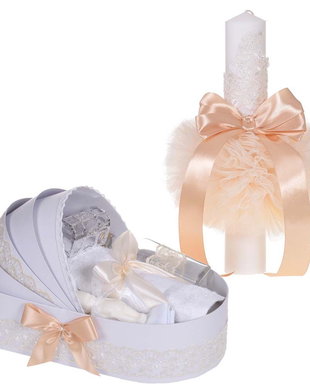 Set elegant lumanare botez si trusou botez in landou, decor dantela Ivoire