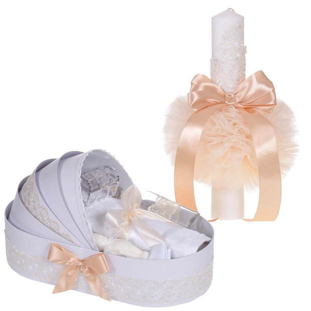 Set elegant lumanare botez si trusou botez in landou, decor dantela Ivoire