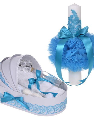 Set elegant lumanare botez si trusou botez in landou, decor dantela Turcoaz