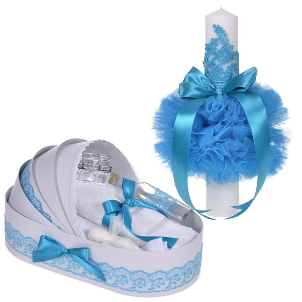Set elegant lumanare botez si trusou botez in landou, decor dantela Turcoaz