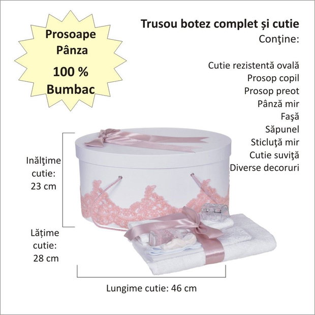 Set trusou botez si cutie trusou, dantela si fundita, decor elegant Roz pudra