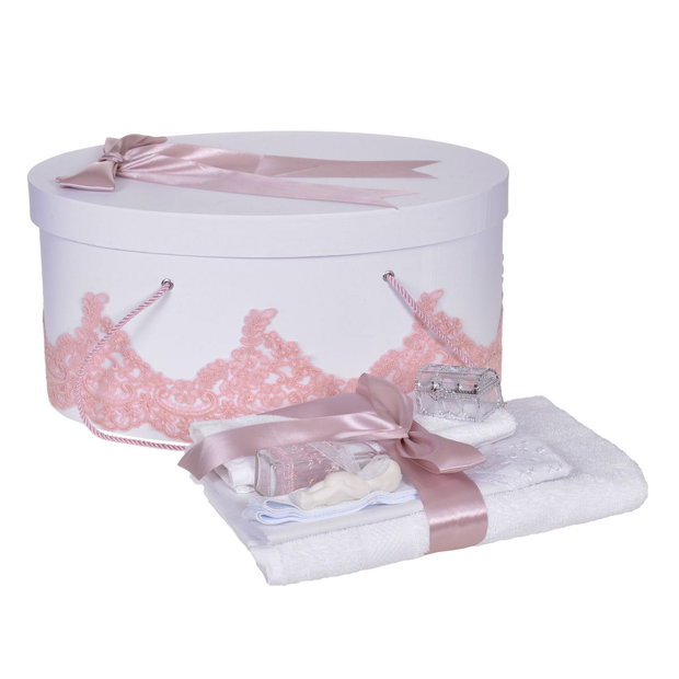 Set trusou botez si cutie trusou, dantela si fundita, decor elegant Roz pudra