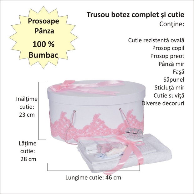 Set trusou botez si cutie trusou, dantela si fundita, decor elegant Roz