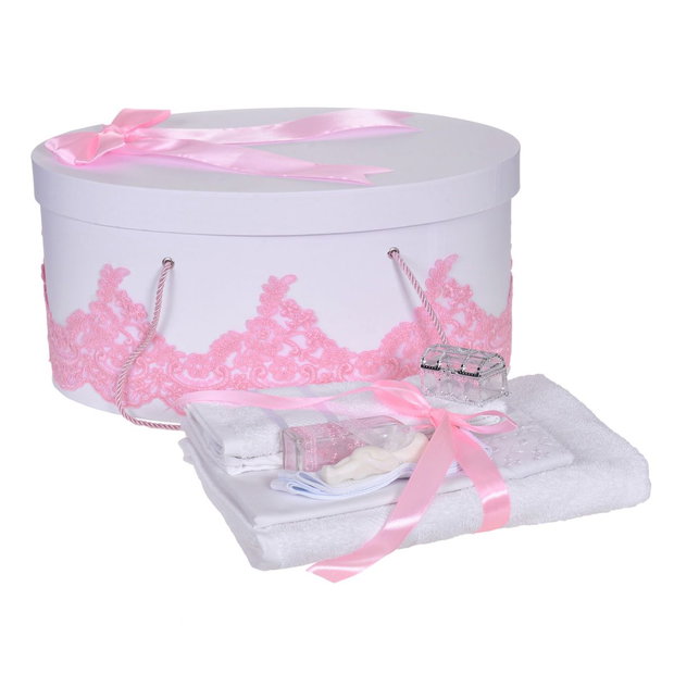 Set trusou botez si cutie trusou, dantela si fundita, decor elegant Roz